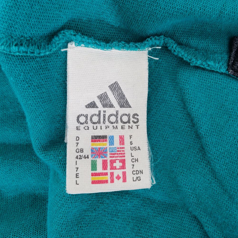Adidas Equipmentの実物タグ資料、生産国や素材表示が近接するタグの例