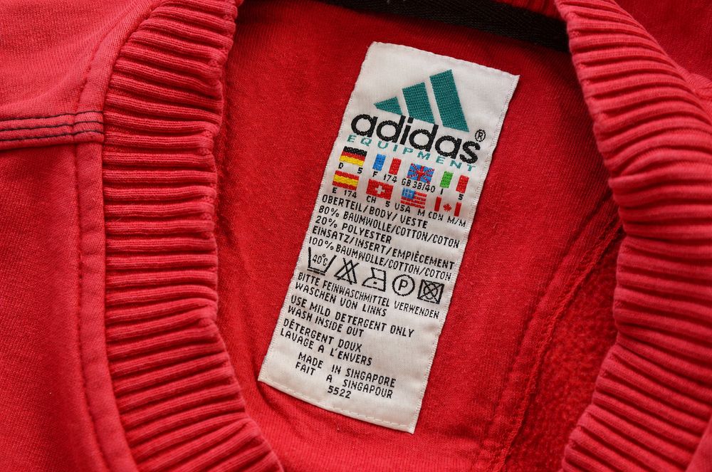 Adidas Equipmentの実物タグ資料、競技・用途を示す補助表示があるタグ