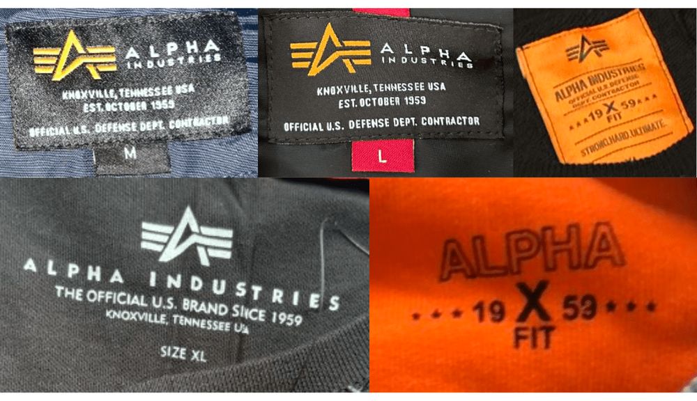 Alpha Industriesの実物タグ資料、生産国や素材表示が近接するタグの例