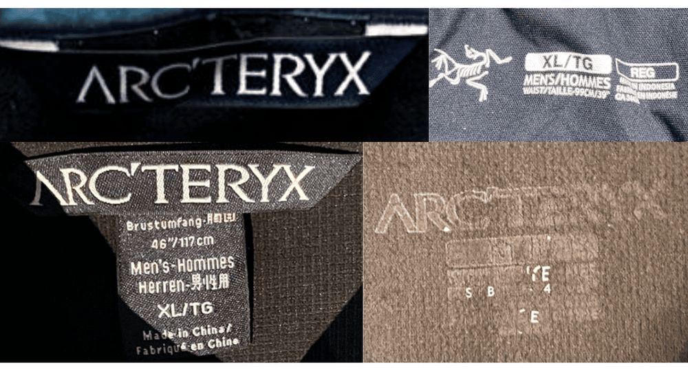 Arc'teryxの実物タグ資料、生産国や素材表示が近接するタグの例