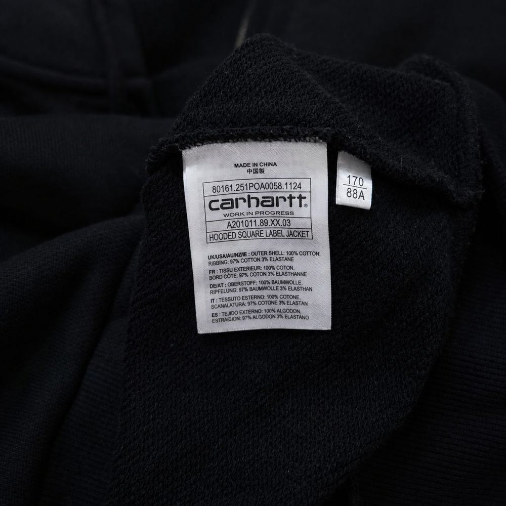 Carhartt WIPの実物タグ資料、生産国や素材表示が近接するタグの例