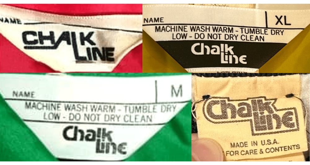 Chalk Lineの実物タグ資料、ロゴとサイズ表示が同じラベルに収まる例