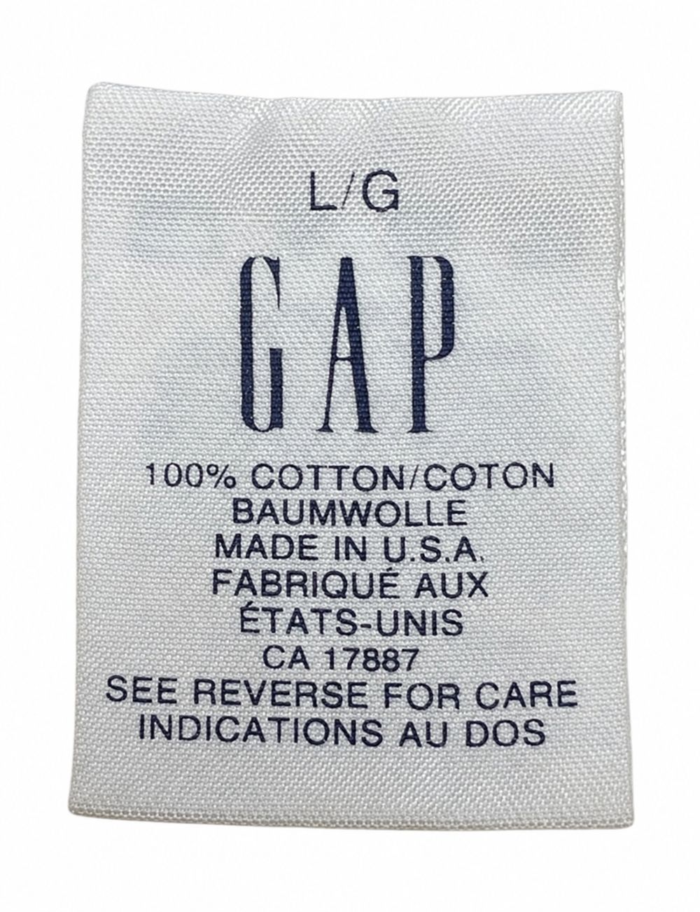 GAPのL/Gタグと100パーセントコットン、Made in U.S.A.、CA 17887表示