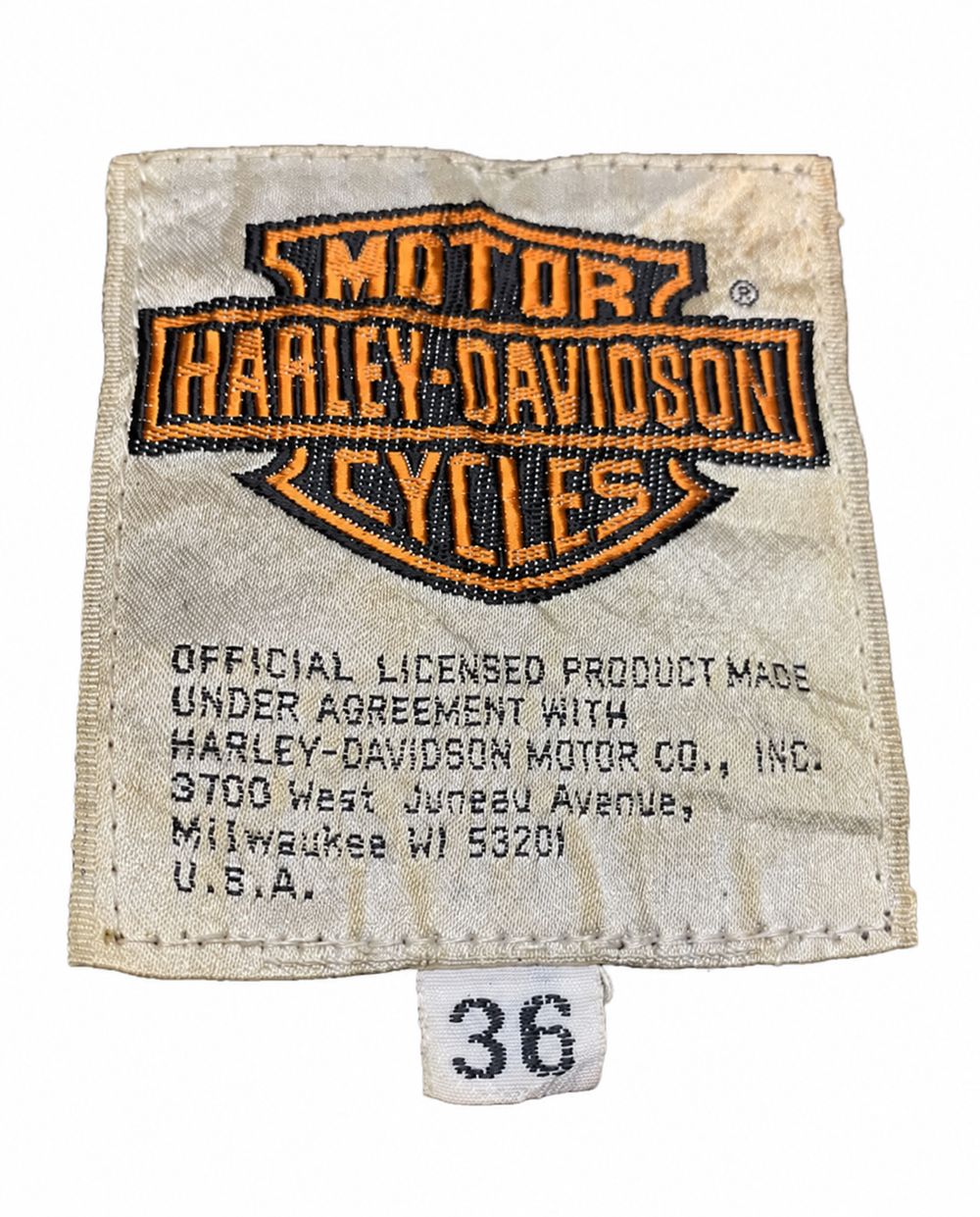 MOTOR HARLEY-DAVIDSON CYCLES、100パーセントpre-shrunk cotton、Made in U.S.A.、RN15763、Care on reverseのタグ