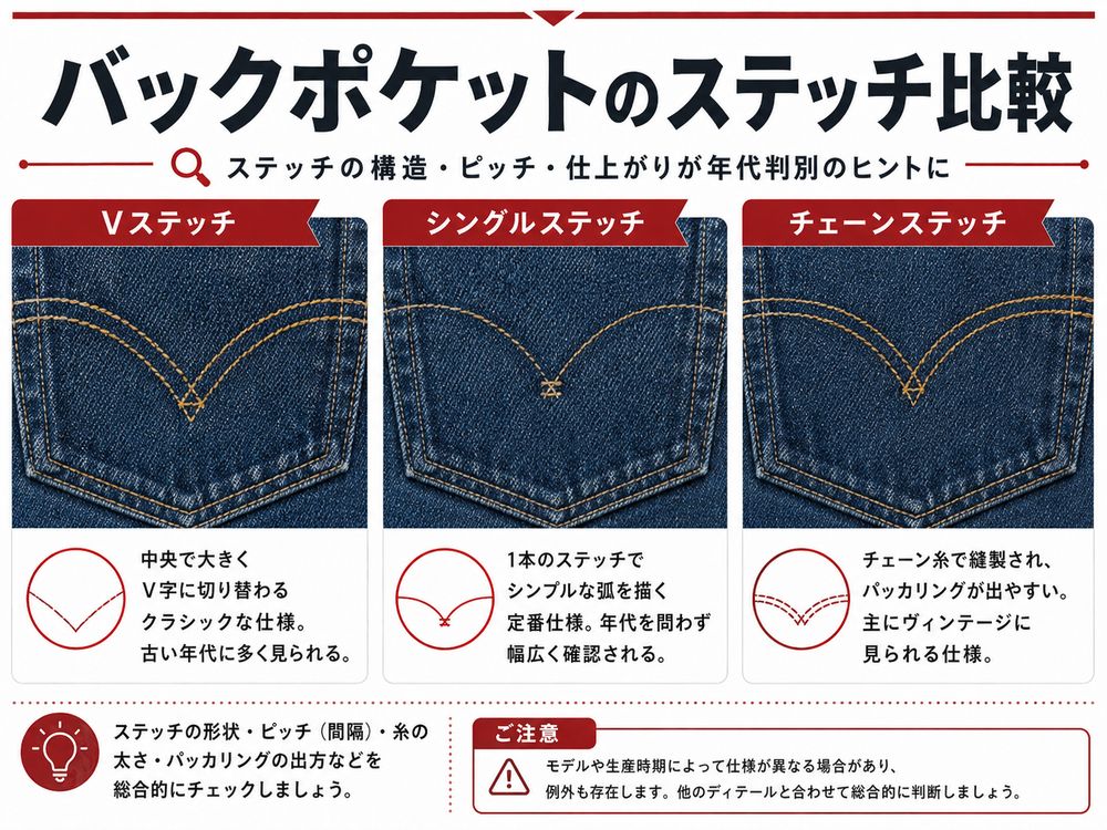 Levi'sバックポケットのステッチ比較図