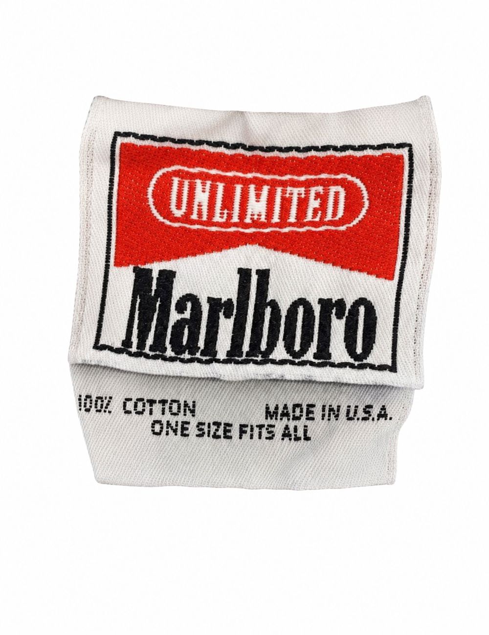 UNLIMITED Marlboro、100パーセントCOTTON、MADE IN U.S.A.、ONE SIZE FITS ALLの青Tシャツタグ