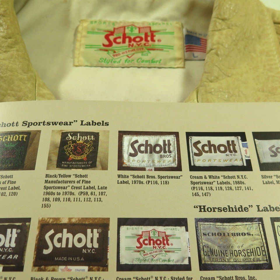 Schottの実物タグ資料、色の違うボディに付く同ブランドのタグ