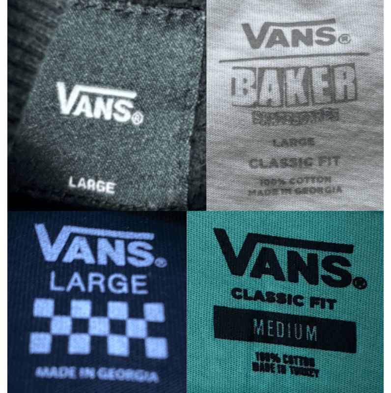 Vansの実物タグ資料、色の違うボディに付く同ブランドのタグ